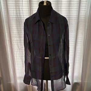 Madewell Womens Medium 100% Silk Button Down Shirt Plaids Sheer Coastal